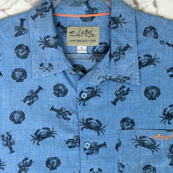 SALT LIFE Crustaceans Shirt Men's XL Blue Crabs Lobster Scallops Mallets Seafood - Picture 2 of 9
